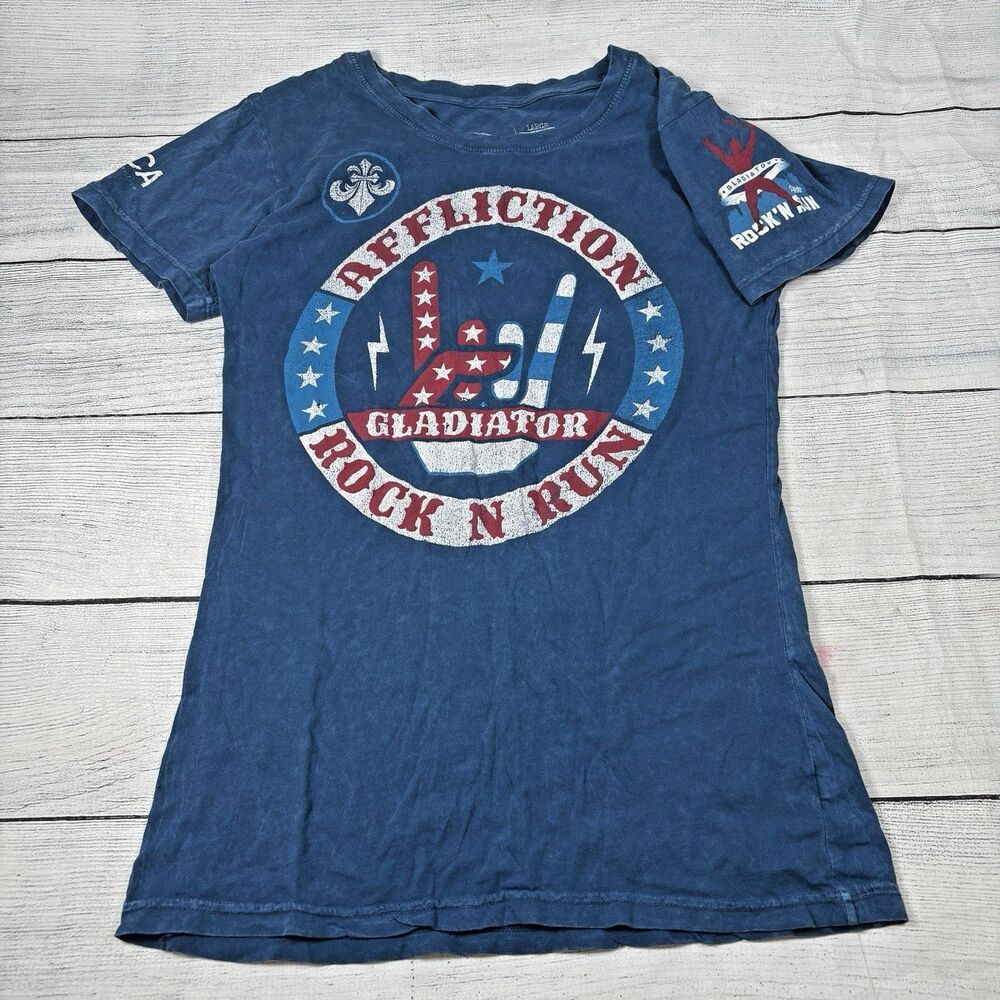 Affliction Shirt Ladies Sz L Rock N Run Gladiator Blue Tee Distressed USA Cotton